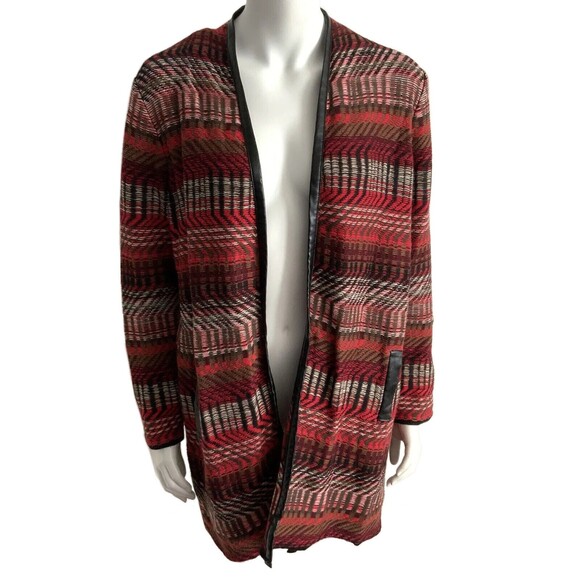 Rafaella Duster Cardigan Long Sleeve Faux Leather Trim Red Multicolor LP - Picture 1 of 9